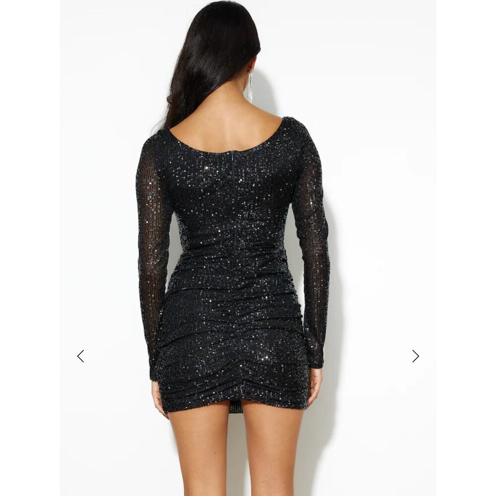 Hello Molly Black Sequin Posted Long Sleeve Ruched Party Cocktail Dress 6 Medium - Picture 9 of 13